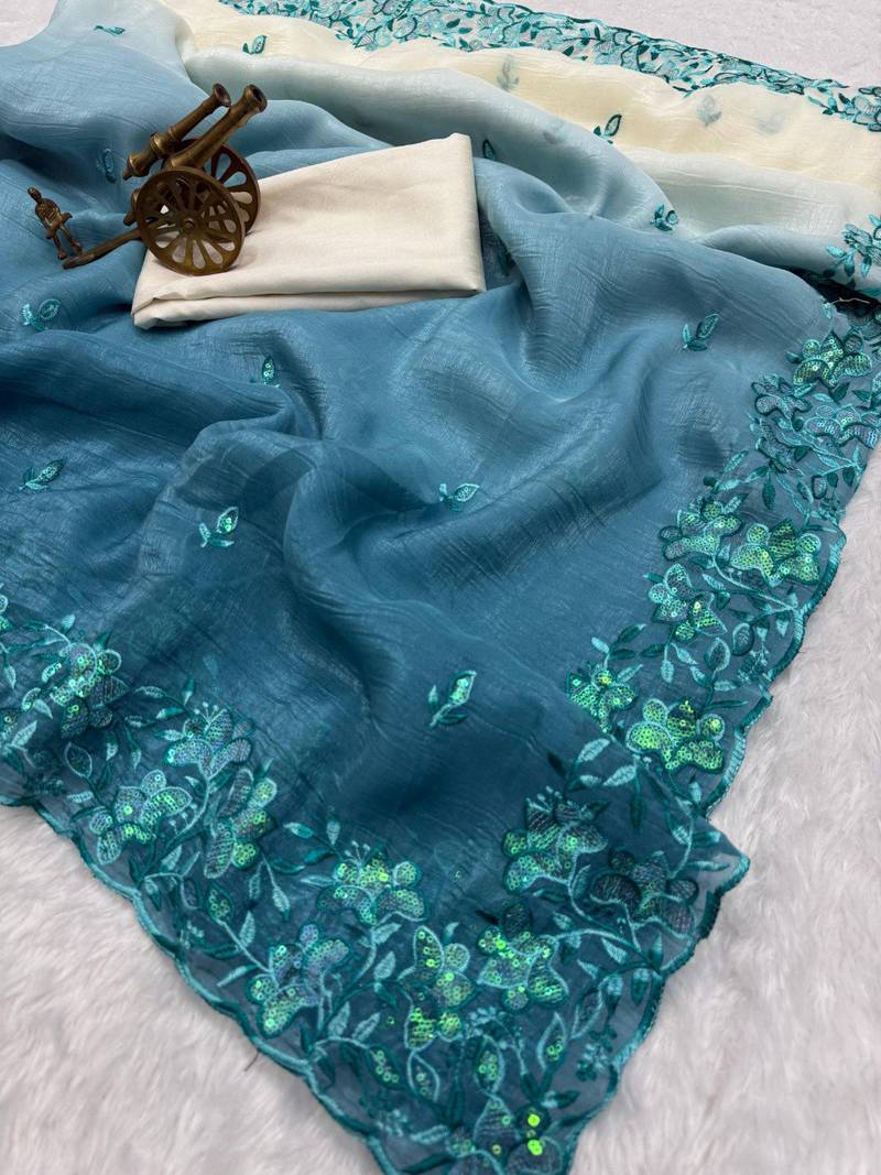 blue color embroidery work  Crunchy silk saree