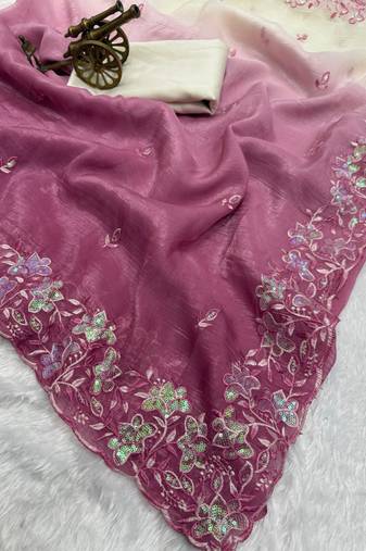 pink color embroidery work  Crunchy silk saree