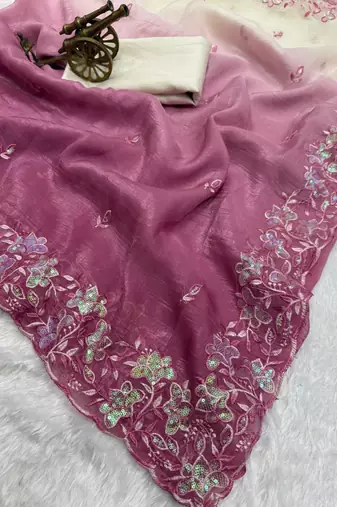 pink color embroidery work  Crunchy silk saree