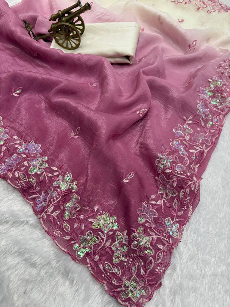 pink color embroidery work  Crunchy silk saree