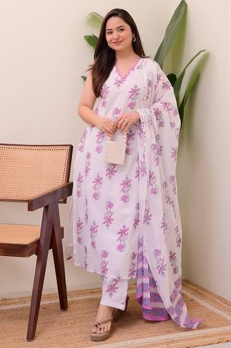 White sleeveless rayon slub kurti set with printed organza dupatta & stitched bottom – ready-to-wear ethnic wear