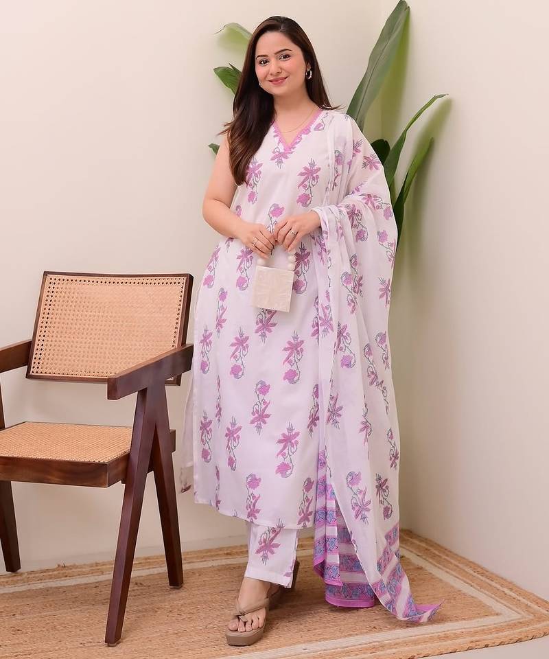 White sleeveless rayon slub kurti set with printed organza dupatta & stitched bottom     ready-to-wear ethnic wear