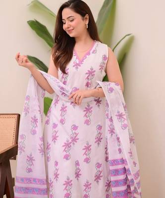 White sleeveless rayon slub kurti set with printed organza dupatta & stitched bottomethnic wear 2