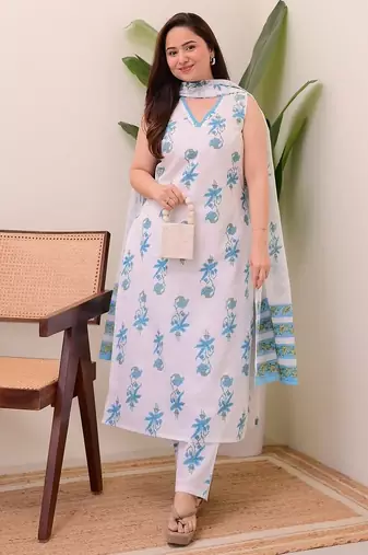 White  sleeveless rayon slub kurti set with printed organza dupatta & stitched bottom – ready-to-wear ethnic wear