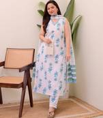 Whitesleeveless rayon slub kurti set with printed organza dupatta & stitched bottomethnic wear