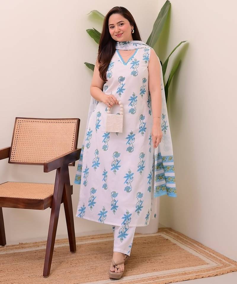 White  sleeveless rayon slub kurti set with printed organza dupatta & stitched bottom     ready-to-wear ethnic wear