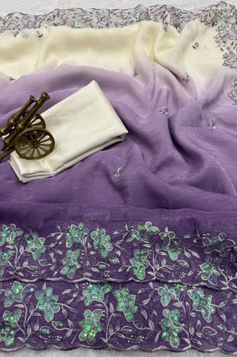 lavender color embroidery work  Crunchy silk saree