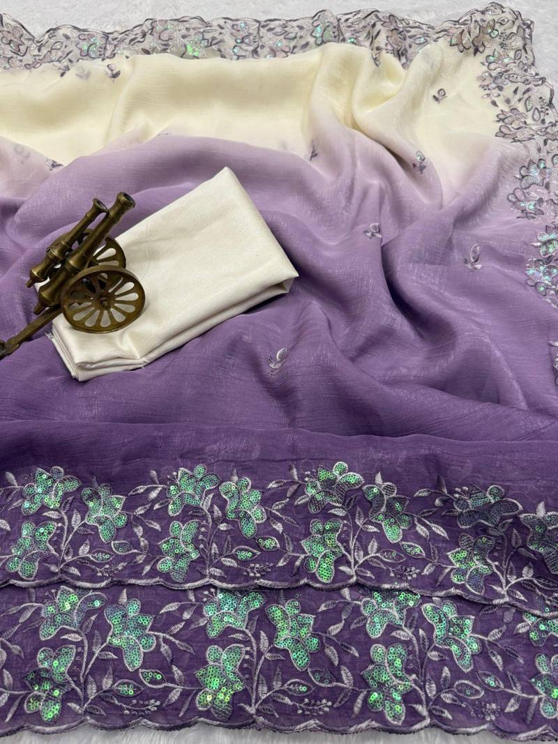 lavender color embroidery work  Crunchy silk saree