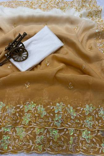 yellow color embroidery work  Crunchy silk saree
