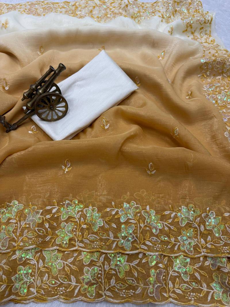 yellow color embroidery work  Crunchy silk saree