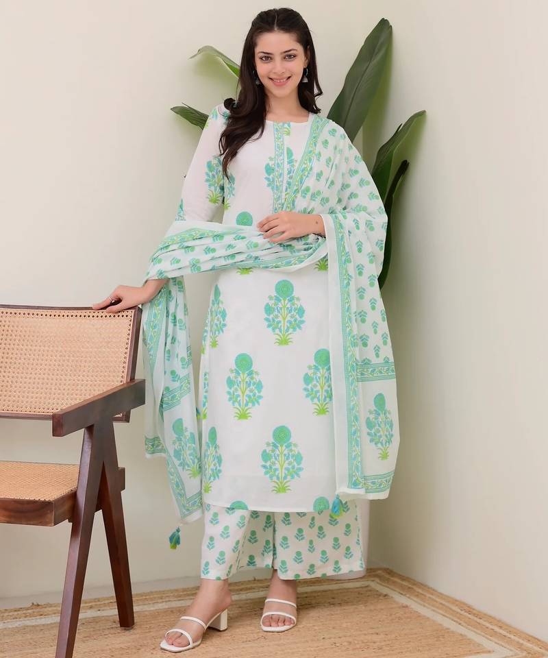 Green  rayon kurti set with digital print muslin dupatta & rayon bottom     ready-to-wear ethnic wear