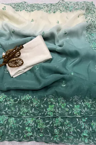 sea green  color embroidery work  Crunchy silk saree