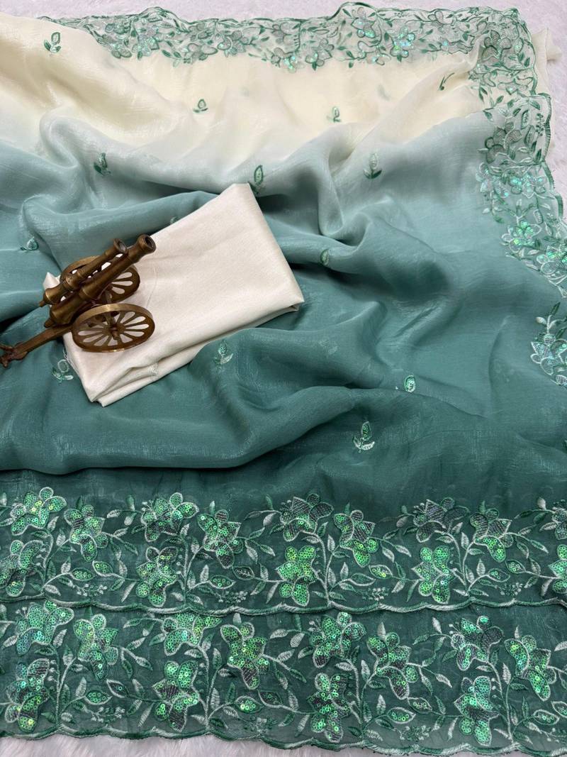 sea green  color embroidery work  Crunchy silk saree