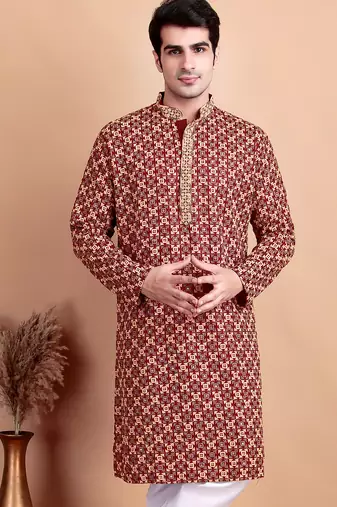 Maroon chikankari cotton embroidery men kurta