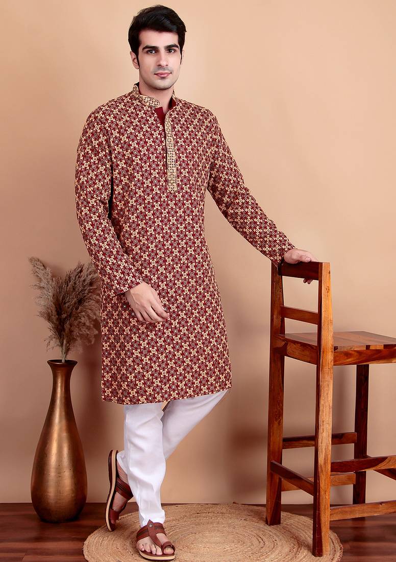 Maroon chikankari cotton embroidery men kurta