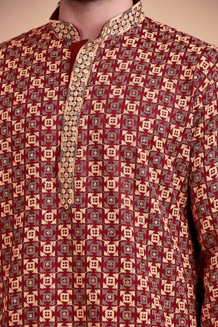 Maroon chikankari cotton embroidery men kurta