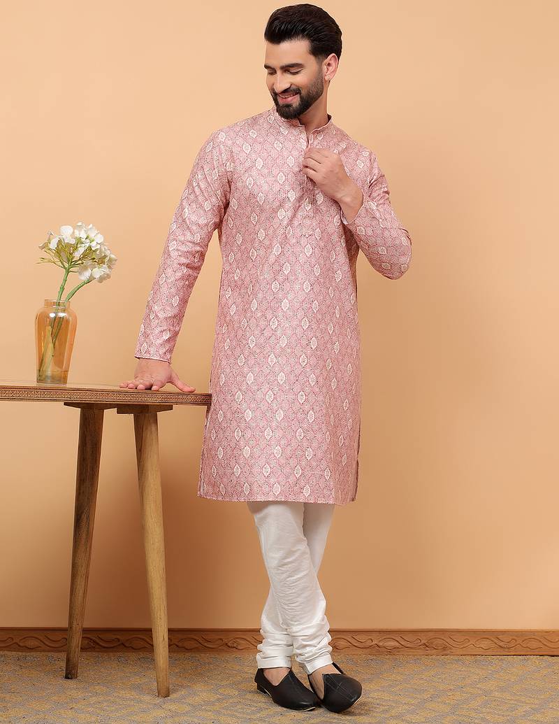 Pink sequins work aari men kurta