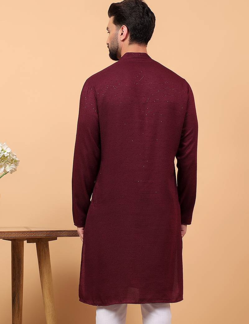 Maroon sequins work rayon men kurta