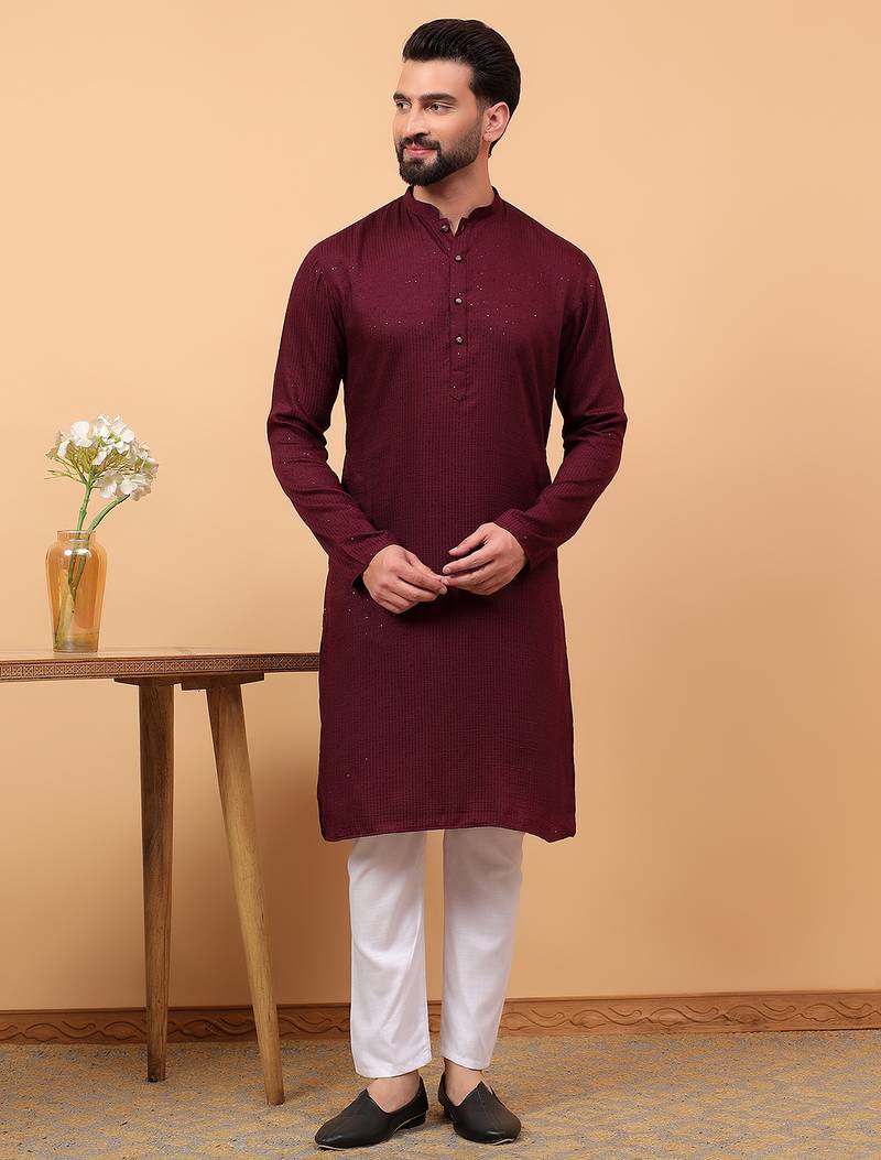 Maroon sequins work rayon men kurta