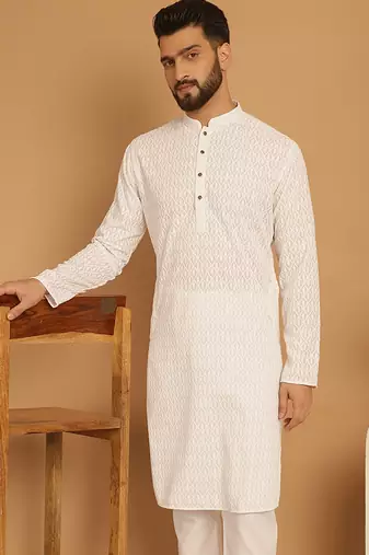 White chikankari cotton embroidery men kurta