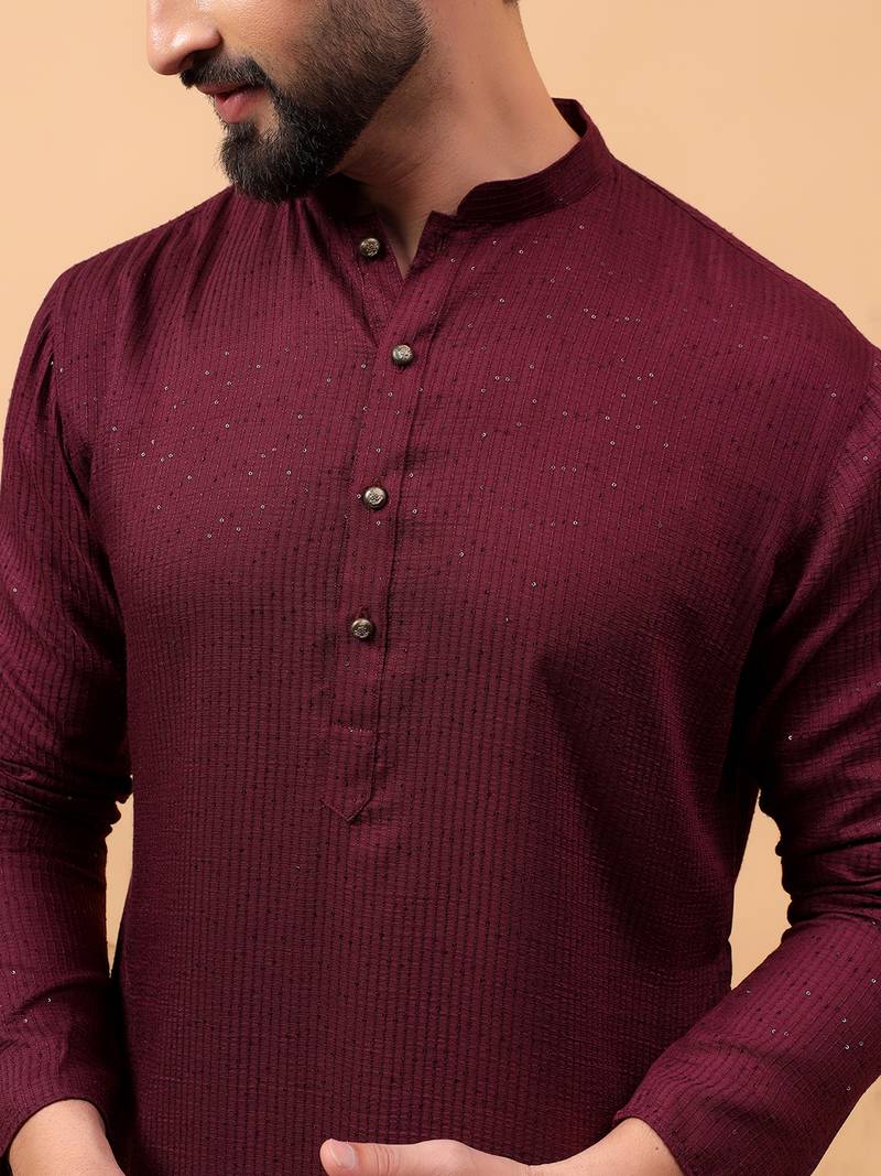 Maroon sequins work rayon men kurta