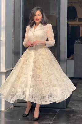 Cream floral thread embroidered net lace a-line long dress 1