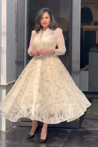 Cream floral thread embroidered net lace a-line long dress