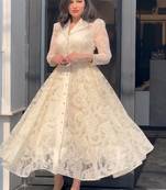 Cream floral thread embroidered net lace a-line long dress