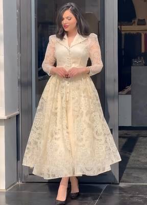 Cream floral thread embroidered net lace a-line long dress 2