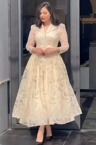 Cream floral thread embroidered net lace a-line long dress