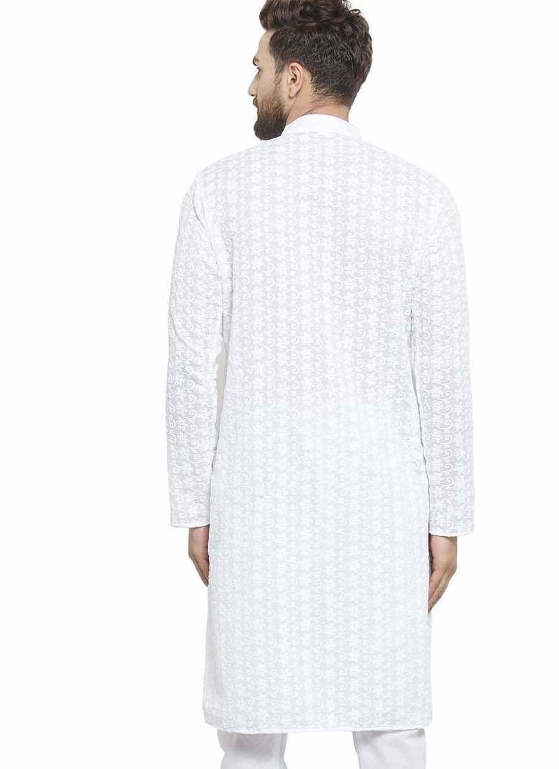White chikankari cotton embroidery men kurta