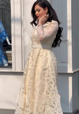 Cream floral thread embroidered net lace a-line long dress 3