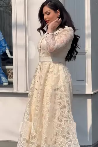Cream floral thread embroidered net lace a-line long dress