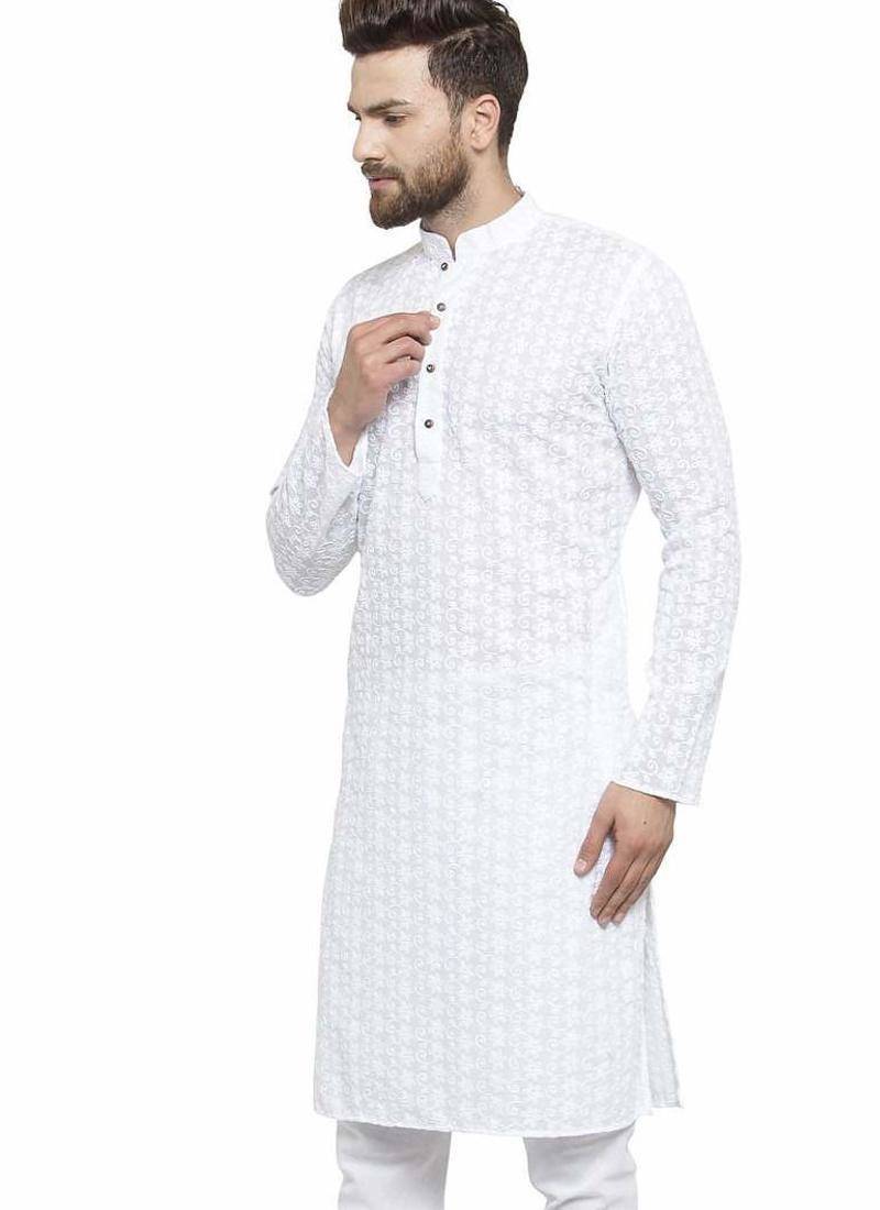 White chikankari cotton embroidery men kurta