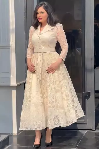 Cream floral thread embroidered net lace a-line long dress