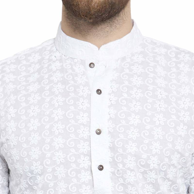 White chikankari cotton embroidery men kurta