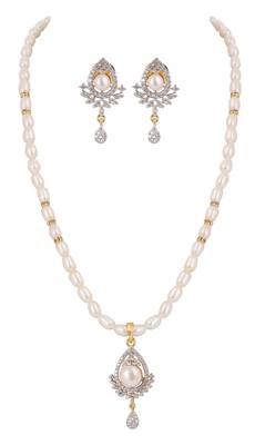 gold-toned pearl necklace set with teardrop pendant & crystal drop earrings 1