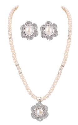 gold-toned pearl necklace set with crystal floral pendant & matching earrings 1