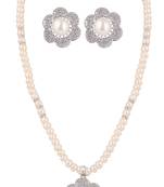 gold-toned pearl necklace set with crystal floral pendant & matching earrings