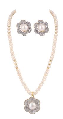 pearl necklace set with crystal floral pendant & matching stud earrings 1