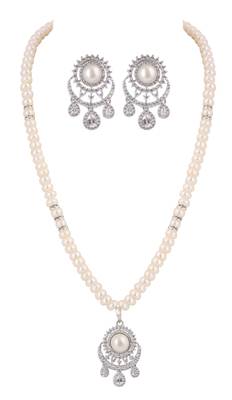 elegant pearl necklace set with halo pendant & crystal drop chandelier earrings 1
