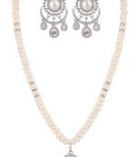 elegant pearl necklace set with halo pendant & crystal drop chandelier earrings