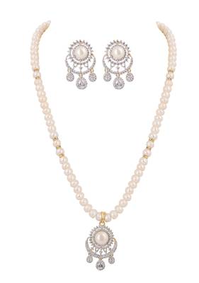 pearl strand necklace set with circular drop pendant & crystal dangle earrings 1