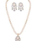 pearl strand necklace set with circular drop pendant & crystal dangle earrings