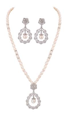 rhodium plated pearl necklace set with crystal chandelier pendant 1