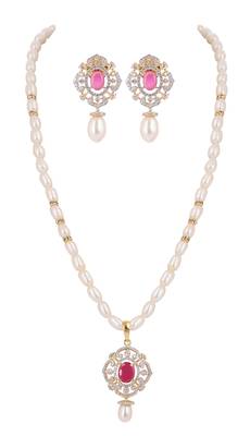 pink stone pearl necklace set with ornate pendant & drop earrings 1