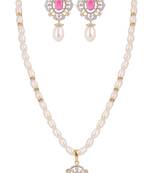 pink stone pearl necklace set with ornate pendant & drop earrings