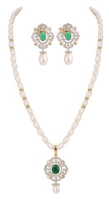 emerald stone designer pearl necklace set with intricate crystal work 1