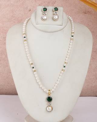 emerald green stone & pearl necklace set with dual drop pendant 1