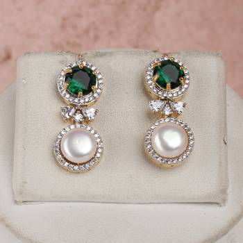 emerald green stone & pearl necklace set with dual drop pendant 2